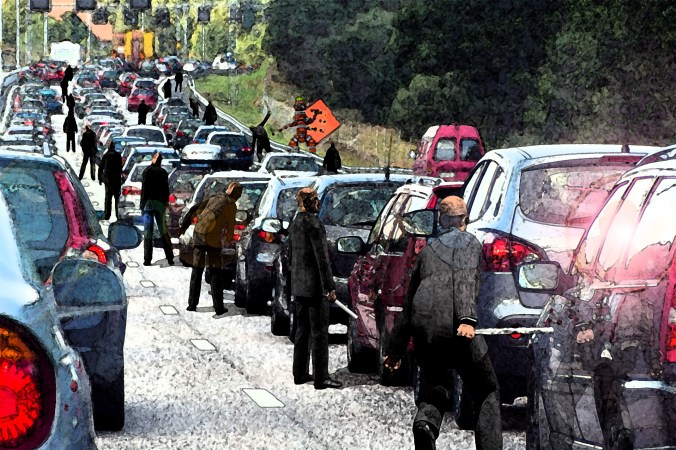 Traffic jam with rows of cars